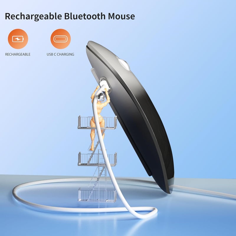 TENMOS M18 Bluetooth Mouse, USB C Rechargeable Wireless Mouse, Triple Mode (Dual Bluetooth+USB) Silent Mice Portable with USB Receiver and Type C Adapter for Laptop/MacBook/iPad - Grey and Black - Image 2